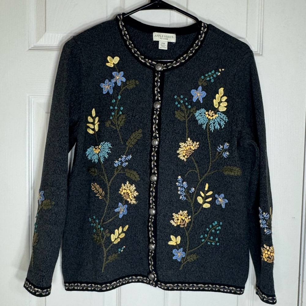 Appleseed’s Petites Floral Embroidered Button Cardigan PM 100% Cotton Black‎